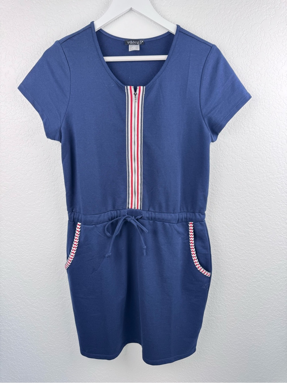 Venus Zip Front Lounge Cotton Blend Patriotic Pockets Dress Large